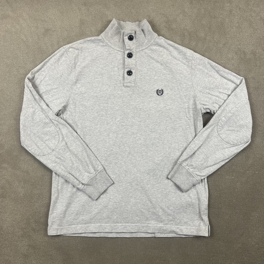 Chaps Mock Neck Pullover Mens Medium Gray Cotton Henley Elbow Patch Sweater HA-1